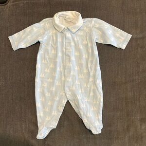 Kissy Kissy 3-6M footie. Light blue with bunny pattern. Pima cotton.